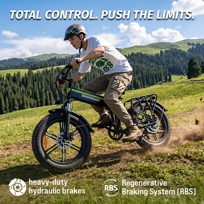Man riding Deepower H20Pro folding fat tire electric bike on mountain trail with hydraulic brakes
