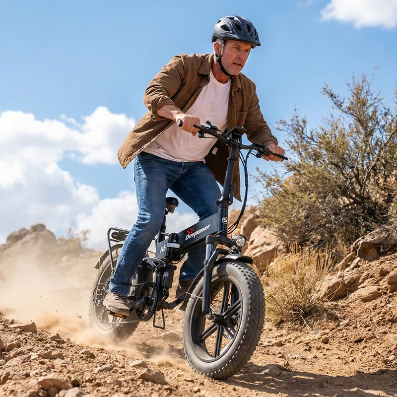 Adult man riding Deepower A5 folding fat tire electric bike on rocky trail
