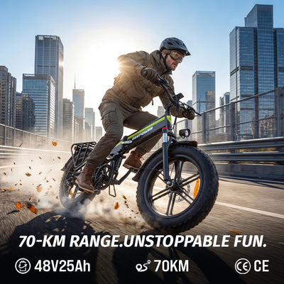Man riding Deepower H20Pro folding fat tire electric bike in modern city downtown